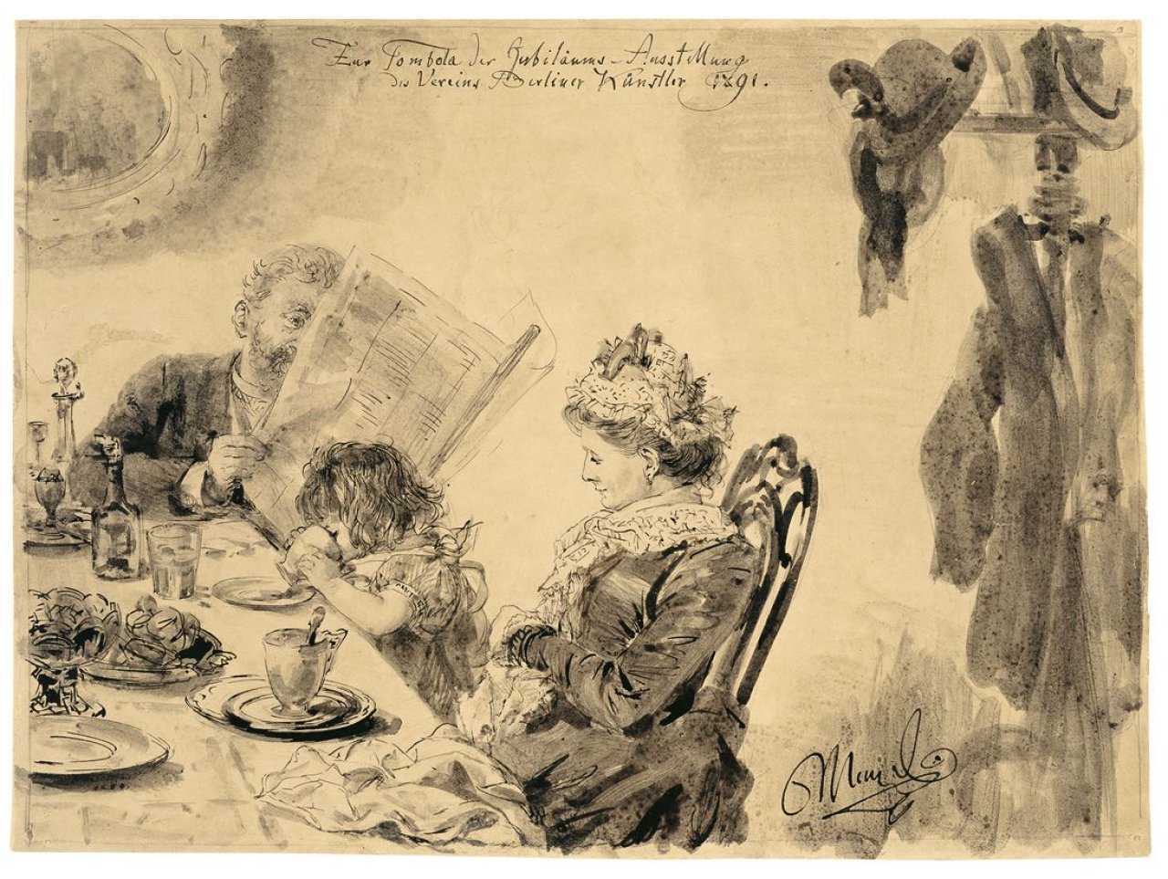 This picture shows the following artwork: Adolph Menzel. Familie im Kaffeehaus. (before) 1891.