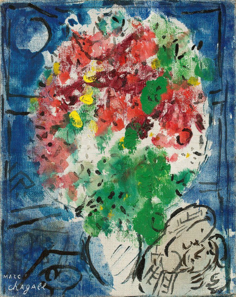 Auf diesem Bild ist das folgende Kunstwerk zu sehen: Marc Chagall. „Bouquet sur fond bleu“. 1948-50.