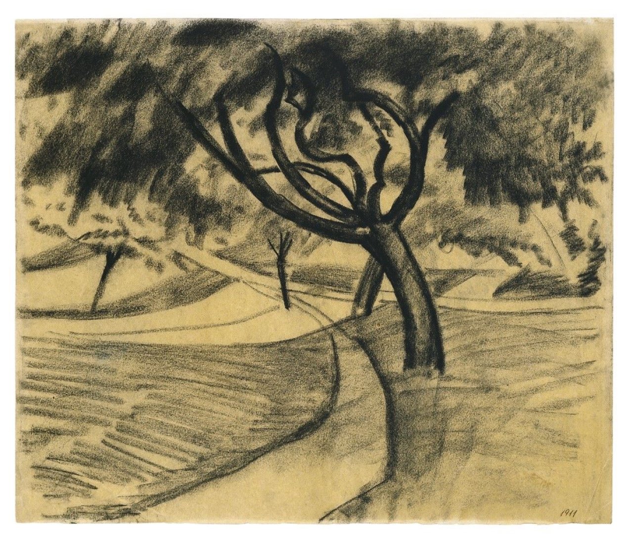 Auf diesem Bild ist das folgende Kunstwerk zu sehen: August Macke. „Baum und Felder“. 1911.