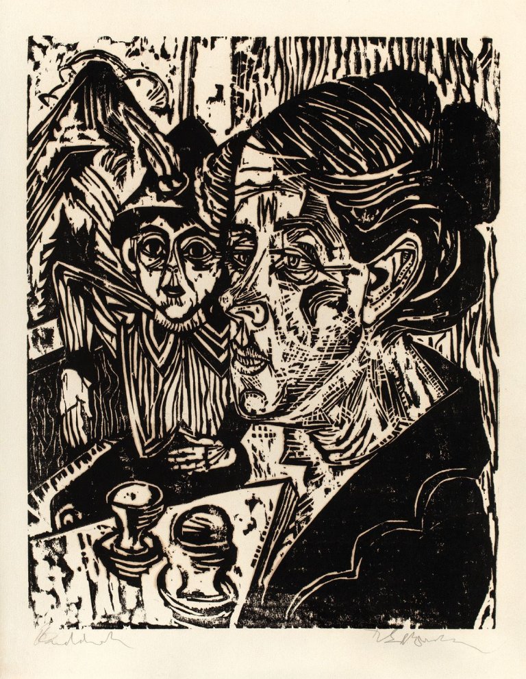This picture shows the following artwork: Ernst Ludwig Kirchner. „Bäuerin mit Knaben am Tisch (Frau Schmidt mit Sohn Martin)“. 1917.