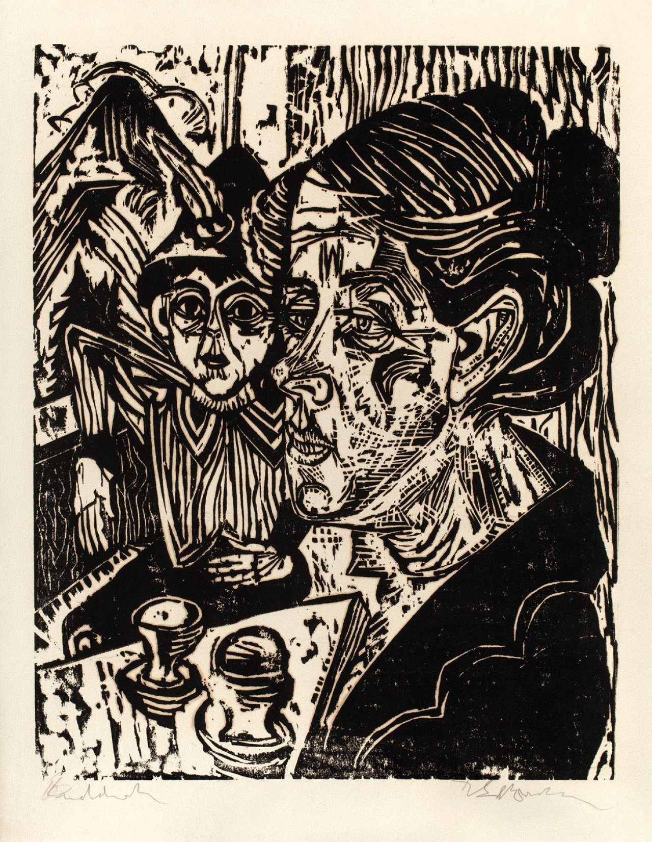 This picture shows the following artwork: Ernst Ludwig Kirchner. „Bäuerin mit Knaben am Tisch (Frau Schmidt mit Sohn Martin)“. 1917.