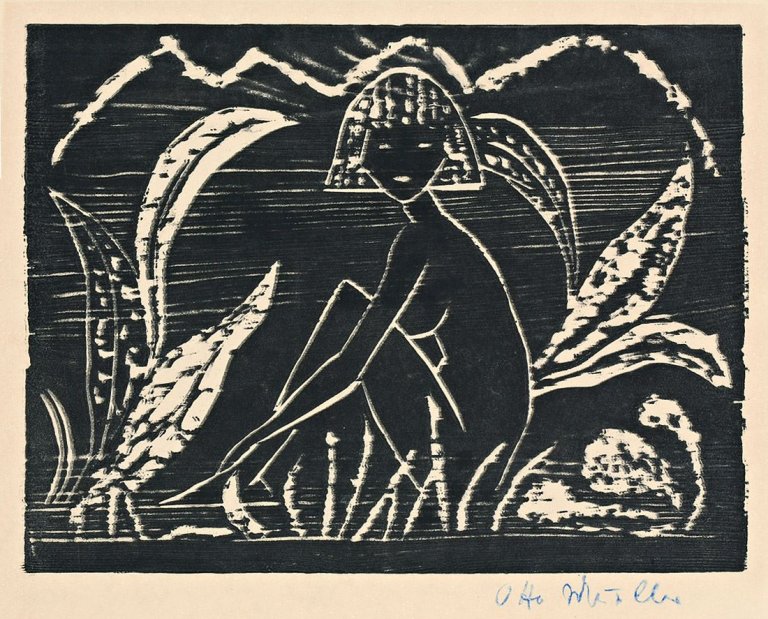This picture shows the following artwork: Otto Mueller. „Mädchen zwischen Blattpflanzen“. 1912.