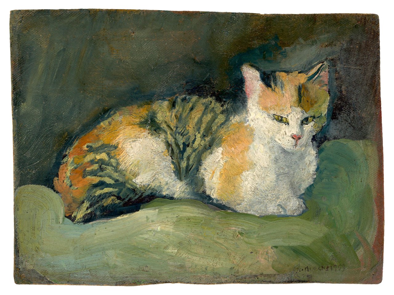 This picture shows the following artwork: August Macke. “Katze auf grünem Kissen I“. 1909.