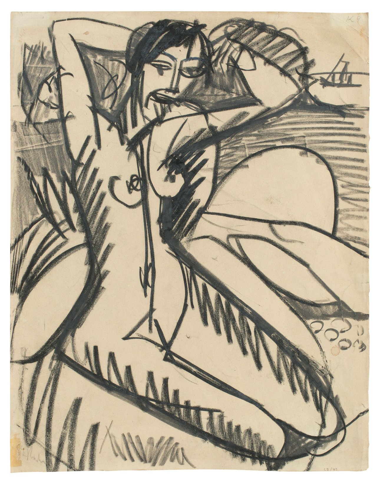 This picture shows the following artwork: Ernst Ludwig Kirchner. Am Strand sitzender Akt. 1912.