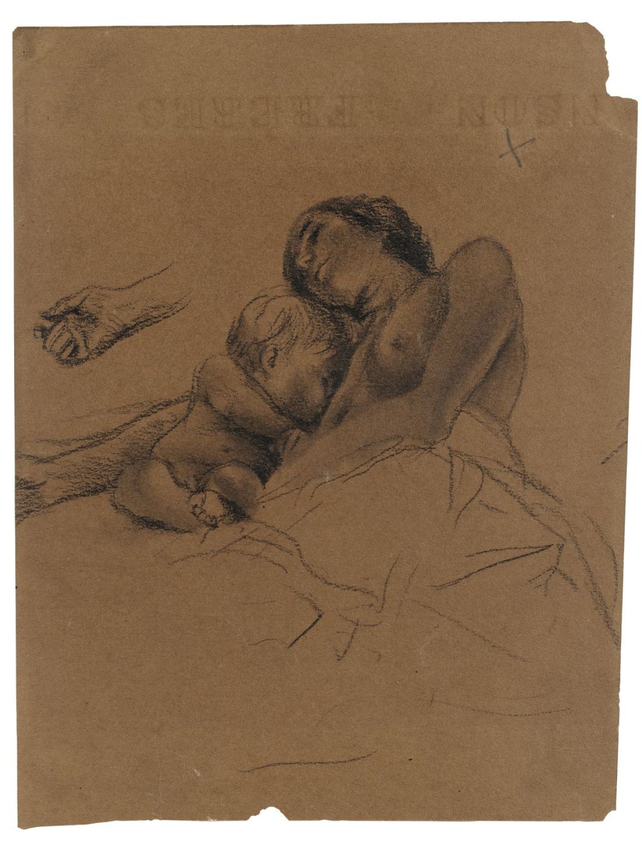 Auf diesem Bild ist das folgende Kunstwerk zu sehen: Adolph Menzel. Liegende Mutter mit Kind. (Vor) 1857.