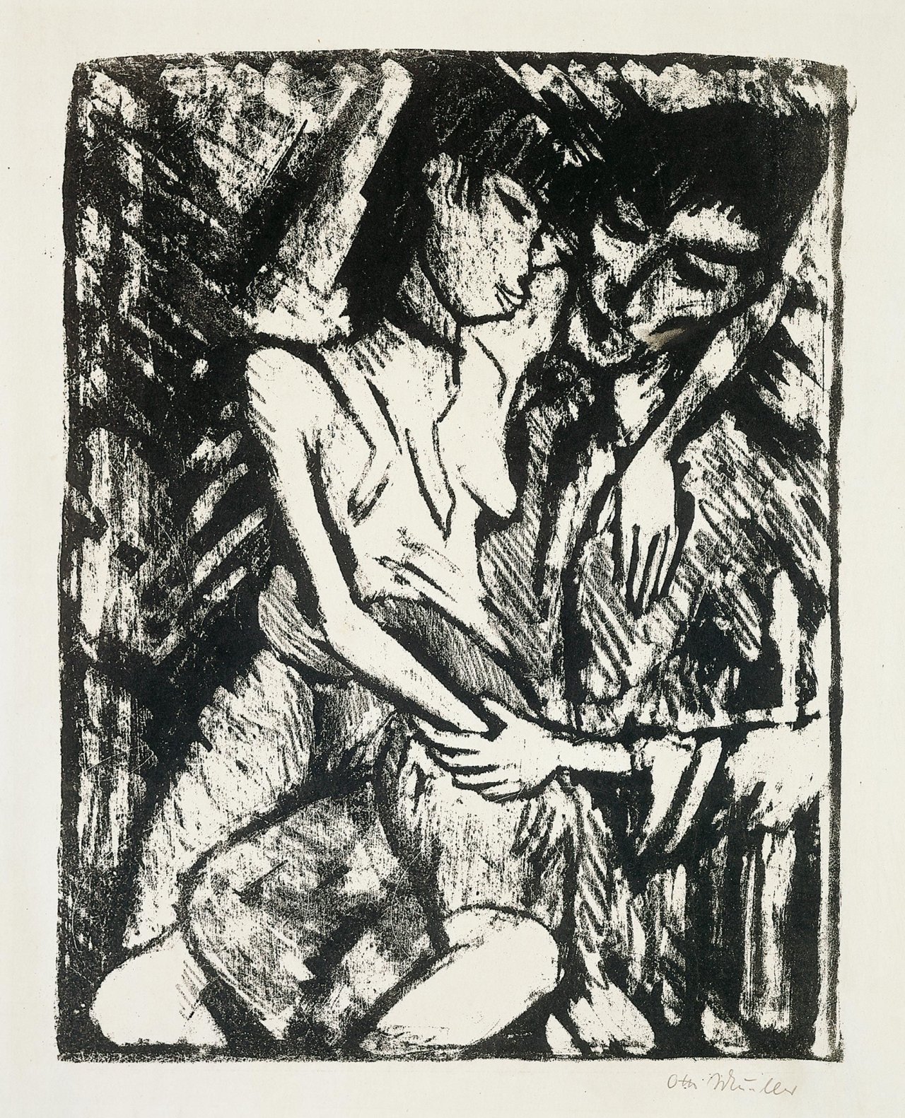 Auf diesem Bild ist das folgende Kunstwerk zu sehen: Otto Mueller. „Sitzendes Zigeuner-Liebespaar“. Um 1919.