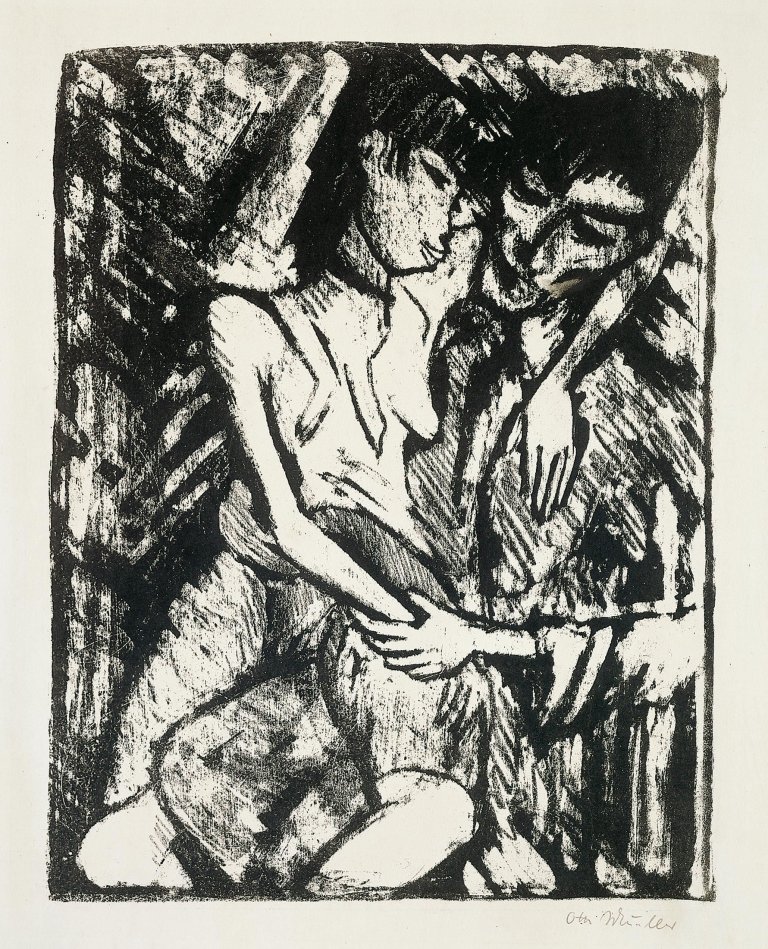 This picture shows the following artwork: Otto Mueller. „Sitzendes Zigeuner-Liebespaar“. Circa 1919.