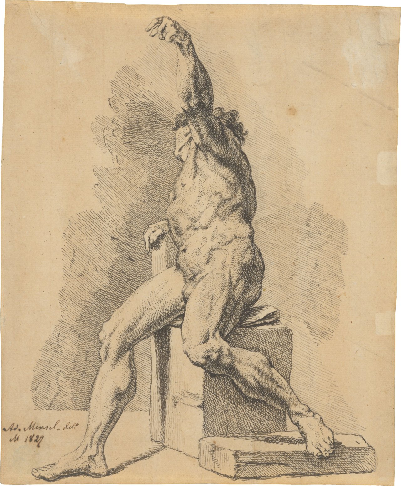 Auf diesem Bild ist das folgende Kunstwerk zu sehen: Adolph Menzel. Männlicher Akt. 1829.