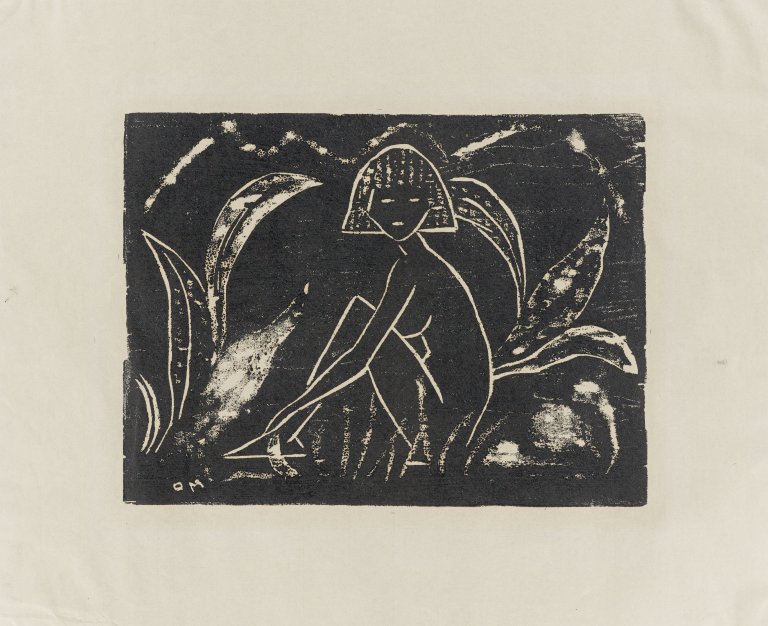 This picture shows the following artwork: Otto Mueller. ”Mädchen zwischen Blattpflanzen (Mädchen im Schilf)”. 1912.