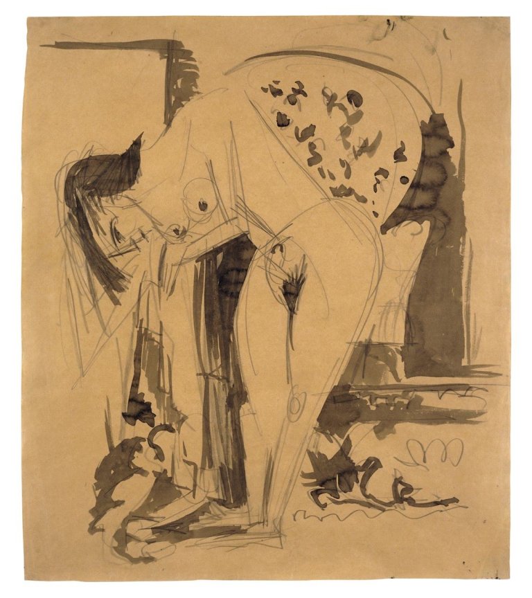 This picture shows the following artwork: Ernst Ludwig Kirchner. Sich bückender Akt im Raum. Circa 1912/14.