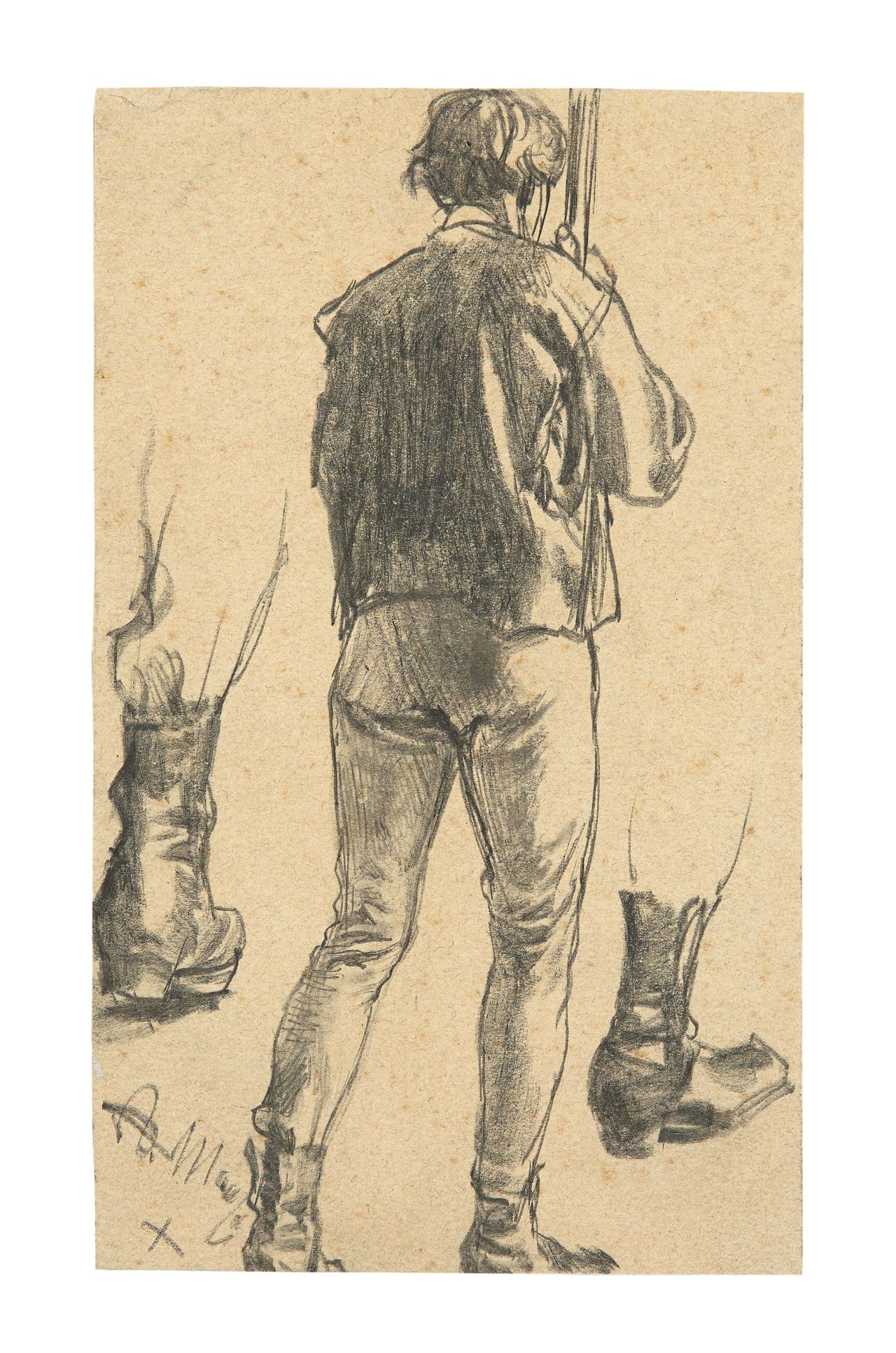 Auf diesem Bild ist das folgende Kunstwerk zu sehen: Adolph Menzel. Rückenfigur eines stehenden Mannes (und Studie seiner Stiefel). Um 1880.