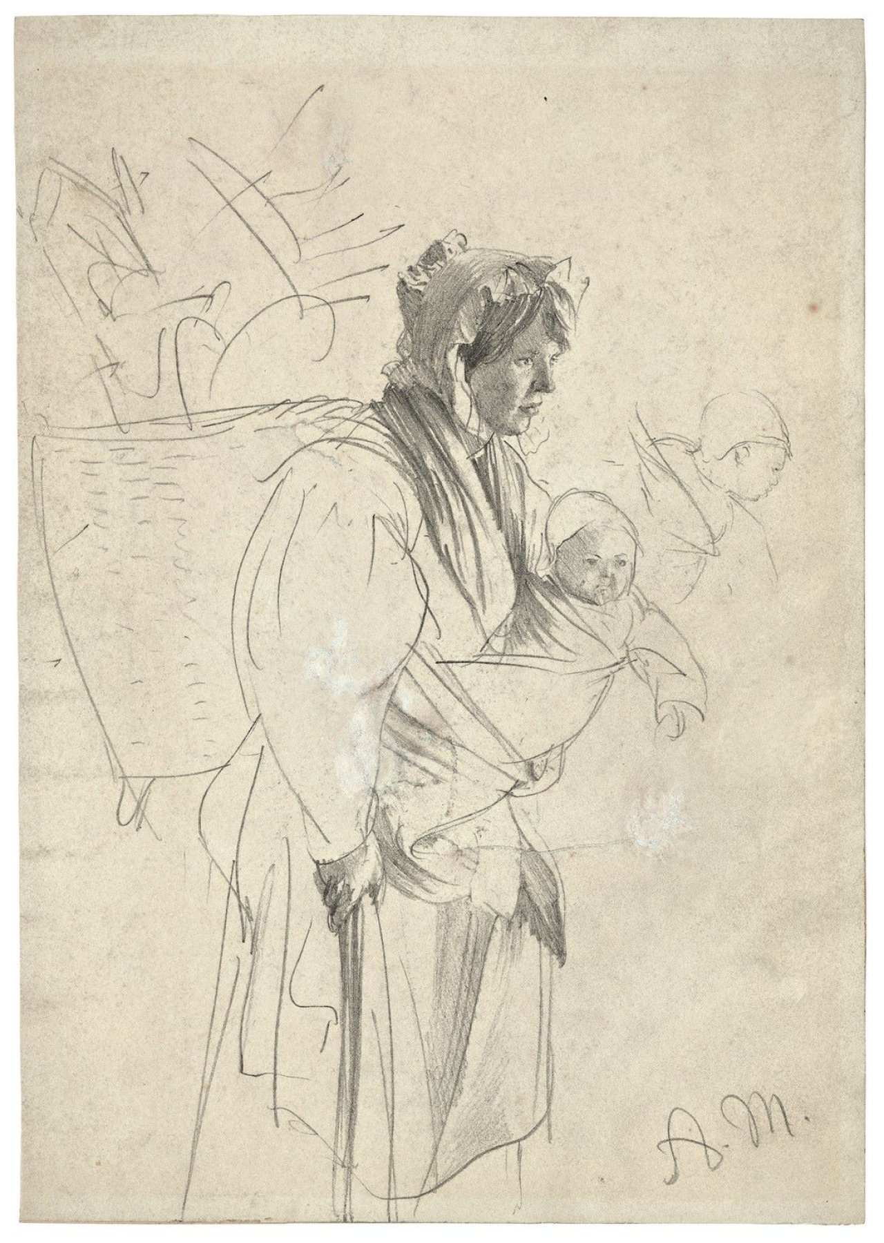 This picture shows the following artwork: Adolph Menzel. Mutter mit Kind und Kiepe. In the late 1840s.