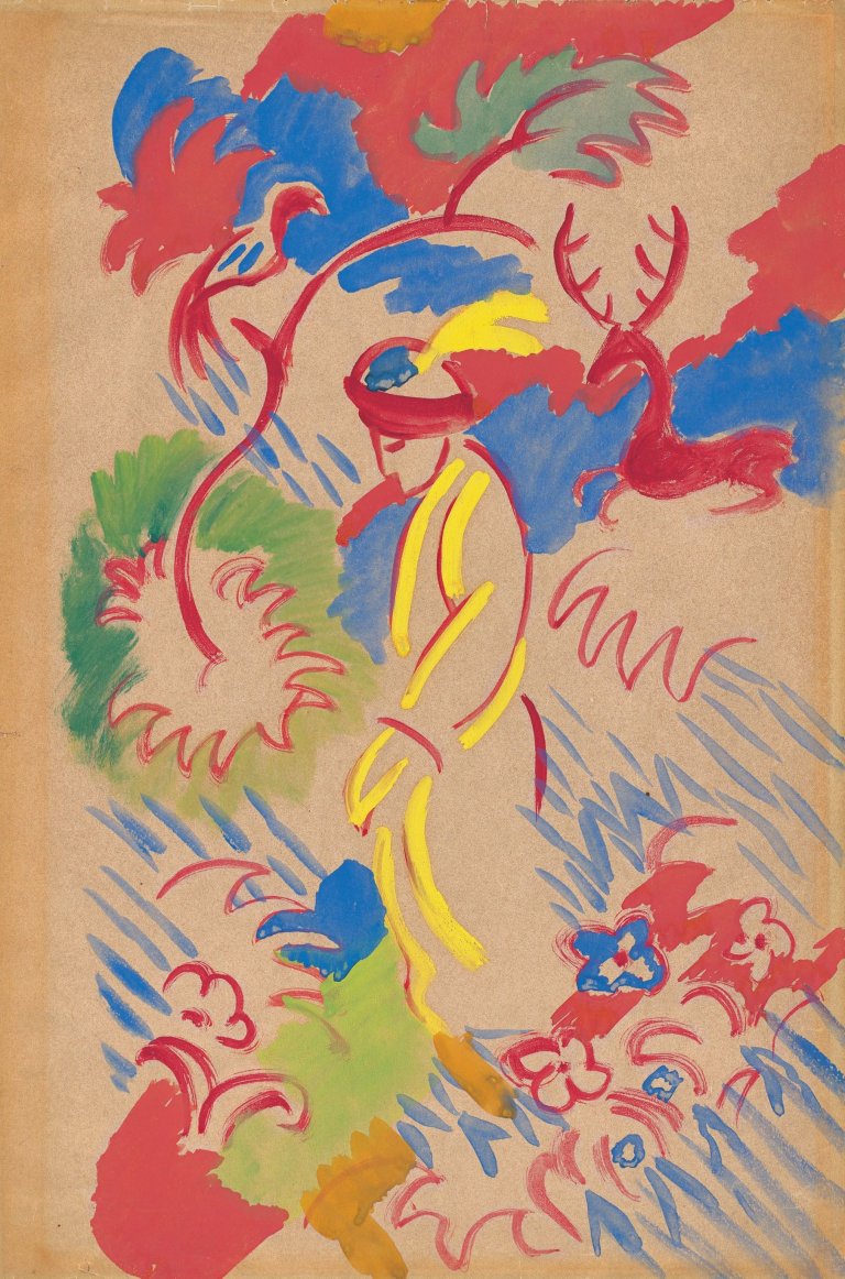 This picture shows the following artwork: August Macke. ”Orientale mit Hirsch und Paradiesvogel”. 1913.