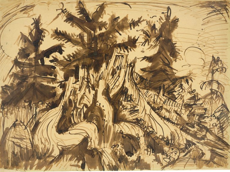 This picture shows the following artwork: Ernst Ludwig Kirchner. Tree trunk in front of Swiss pines. Presumably before 1919.