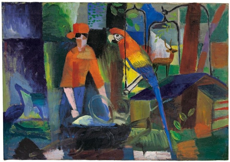 This picture shows the following artwork: August Macke. „Frau mit Papagei in einer Landschaft“. 1914.
