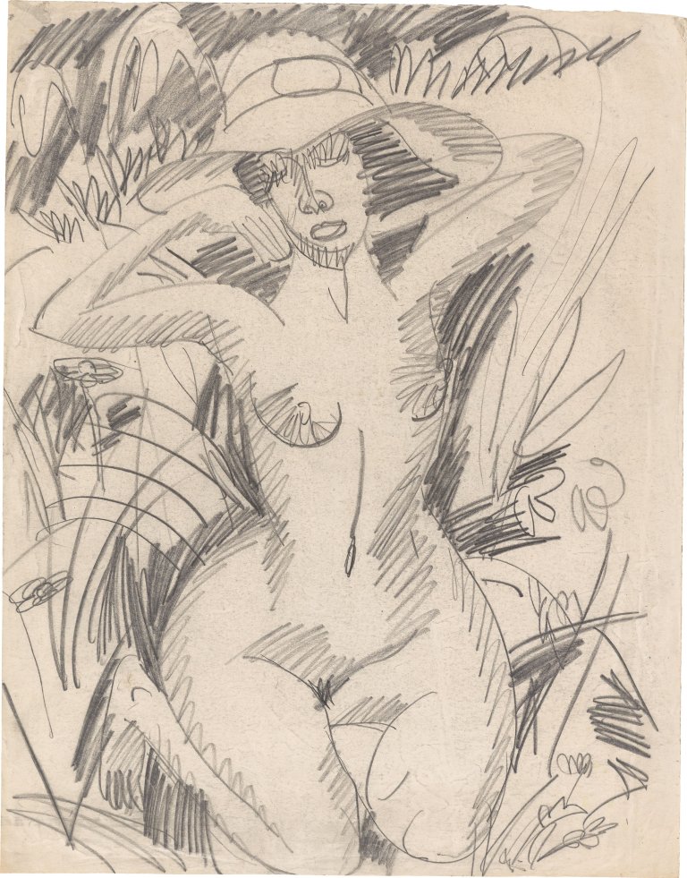 This picture shows the following artwork: Ernst Ludwig Kirchner. Kneeling female nude with hat in dunes. 1912.