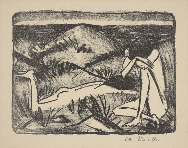 This picture shows the following artwork: Otto Mueller. ”Ein in Dünen sitzendes und ein liegendes Mädchen (Zwei Mädchen in den Dünen, Sylt)”. 1920-24.