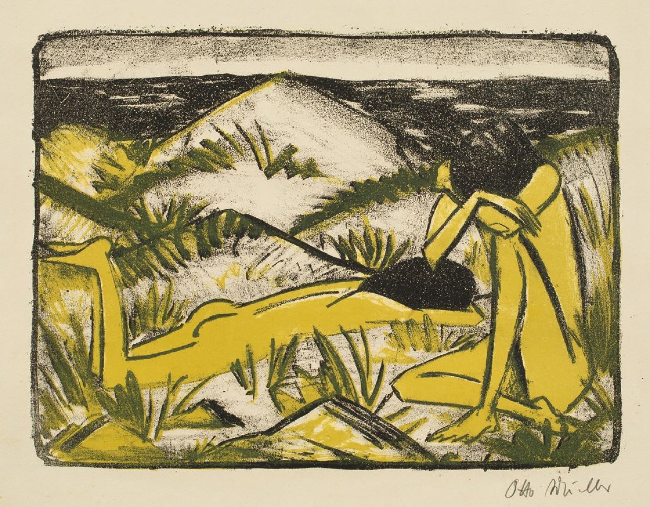 Auf diesem Bild ist das folgende Kunstwerk zu sehen: Otto Mueller. „Ein in Dünen sitzendes und ein liegendes Mädchen (Zwei Mädchen in den Dünen, Sylt)“. 1920.