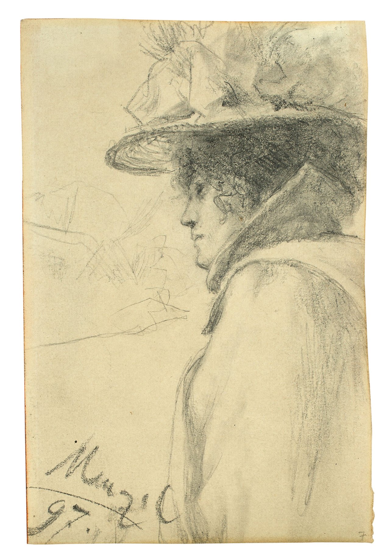 This picture shows the following artwork: Adolph Menzel. Woman in a large hat, looking to the left. 1897.