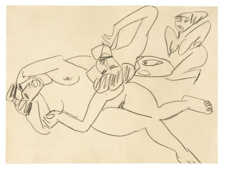 This picture shows the following artwork: Ernst Ludwig Kirchner. Zwei weibliche Akte mit Skulptur. Circa 1910.