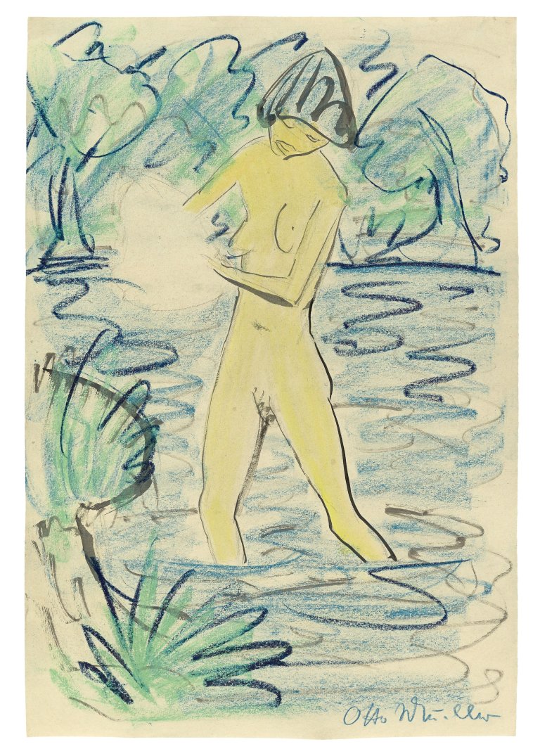 This picture shows the following artwork: Otto Mueller. ”Stehender Mädchenakt im Teich”. Circa 1925.