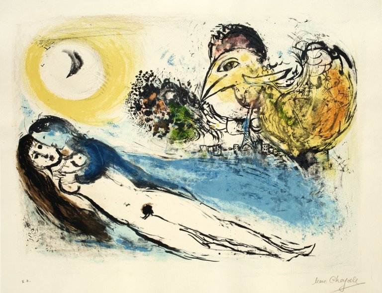 Auf diesem Bild ist das folgende Kunstwerk zu sehen: Marc Chagall. „Bonjour sur Paris“. 1952.