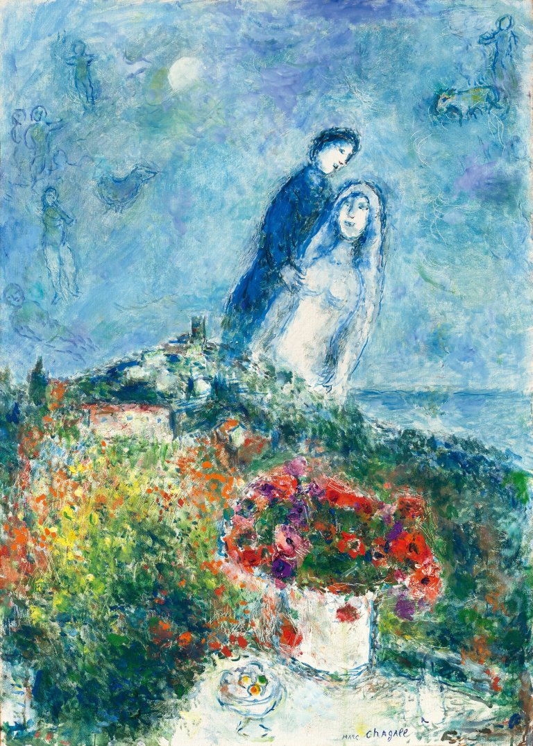 This picture shows the following artwork: Marc Chagall. “Les fiancés aux anémones“. 1979.
