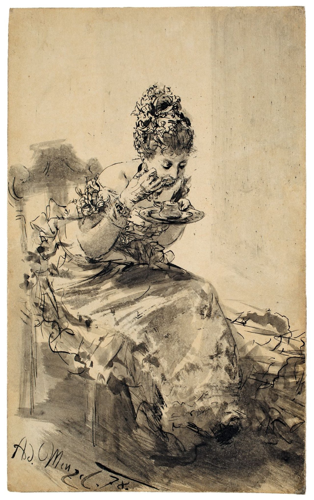 This picture shows the following artwork: Adolph Menzel. „Auf einem Stuhl sitzende Dame im Ballkleid, aus einem Suppentässchen löffelnd“. 1878.