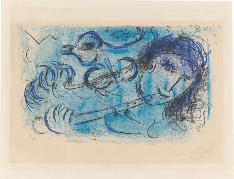 Auf diesem Bild ist das folgende Kunstwerk zu sehen: Marc Chagall. „Le joueur de flûte“. 1957.