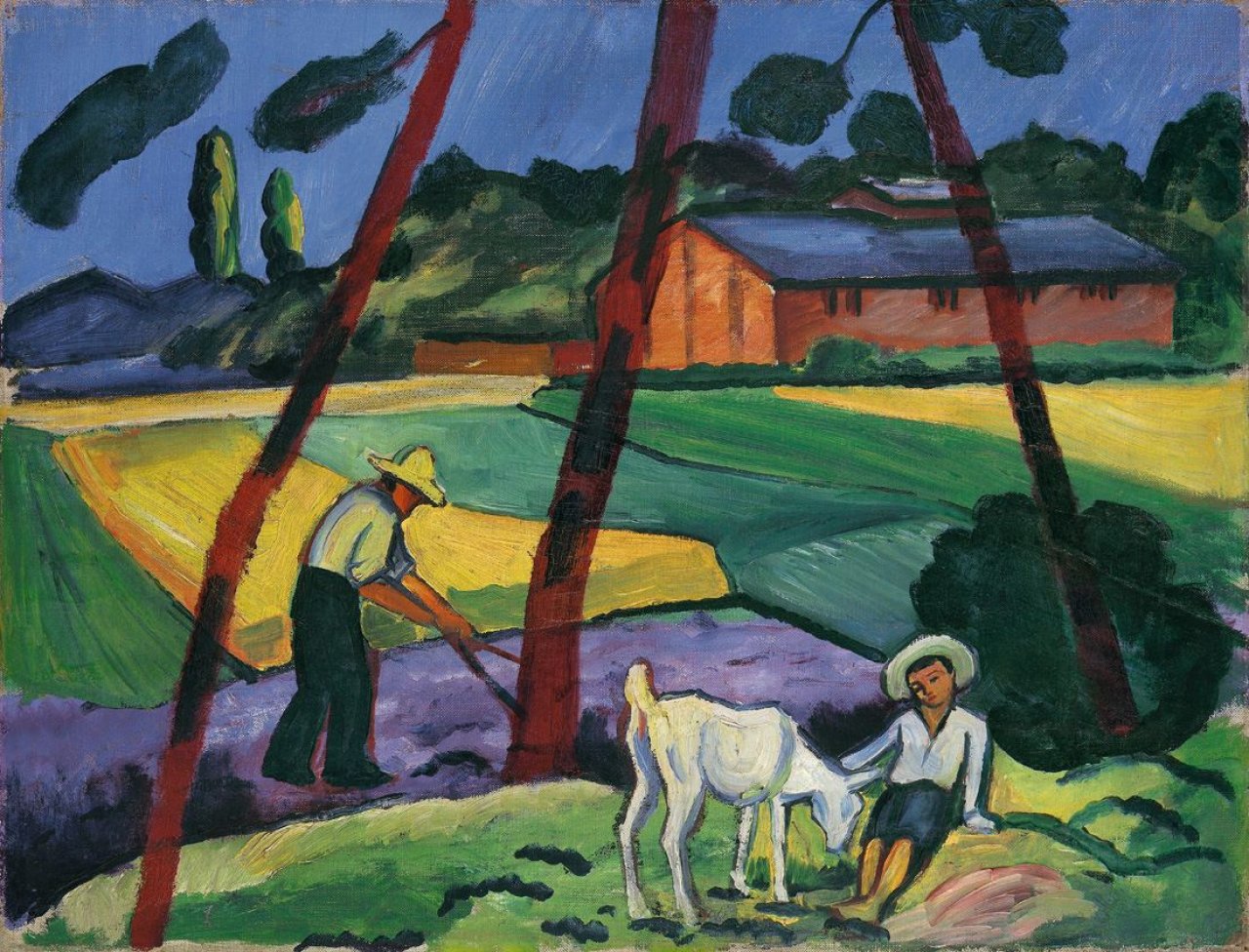 This picture shows the following artwork: August Macke. „Landschaft mit Bauer, Junge und Ziege“. 1914.