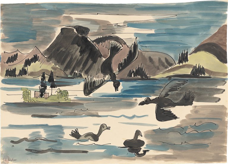 This picture shows the following artwork: Ernst Ludwig Kirchner. Mountain lake with water birds. 1934.