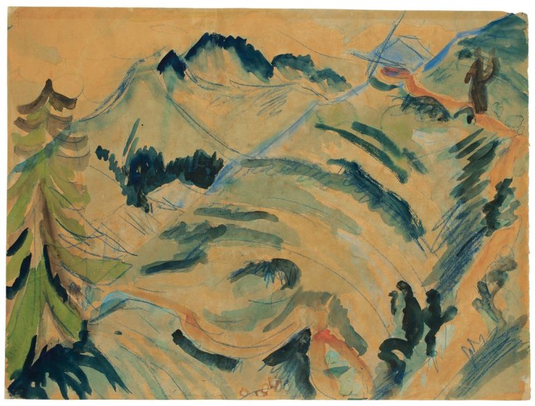 This picture shows the following artwork: Ernst Ludwig Kirchner. Blick von der Stafelalp / Stafelalp mit zwei Wanderern. 1917/18.
