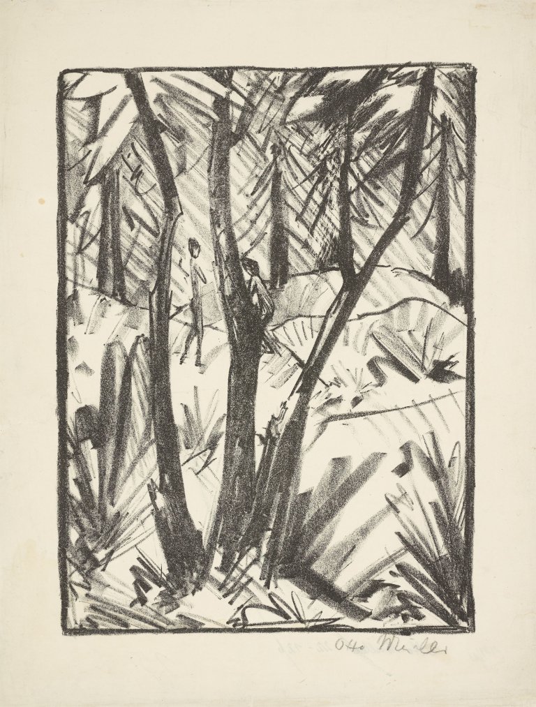 This picture shows the following artwork: Otto Mueller. ”Waldlandschaft mit kleinen Figuren (2)”. Circa 1919.