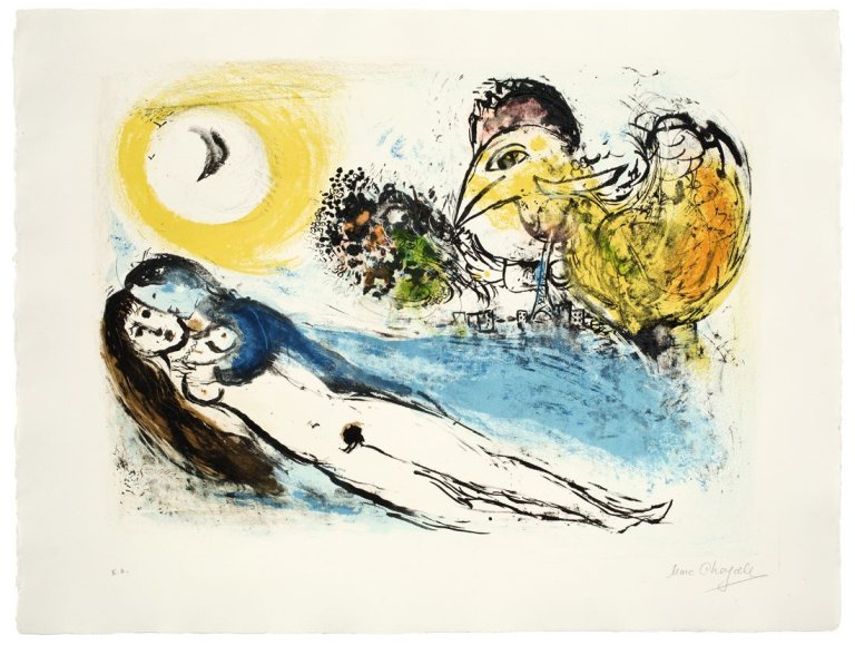 Auf diesem Bild ist das folgende Kunstwerk zu sehen: Marc Chagall. „Bonjour sur Paris“. 1952.