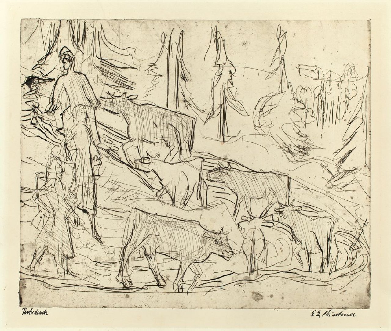 Auf diesem Bild ist das folgende Kunstwerk zu sehen: Ernst Ludwig Kirchner. „Abtrieb der Kühe“. 1922.