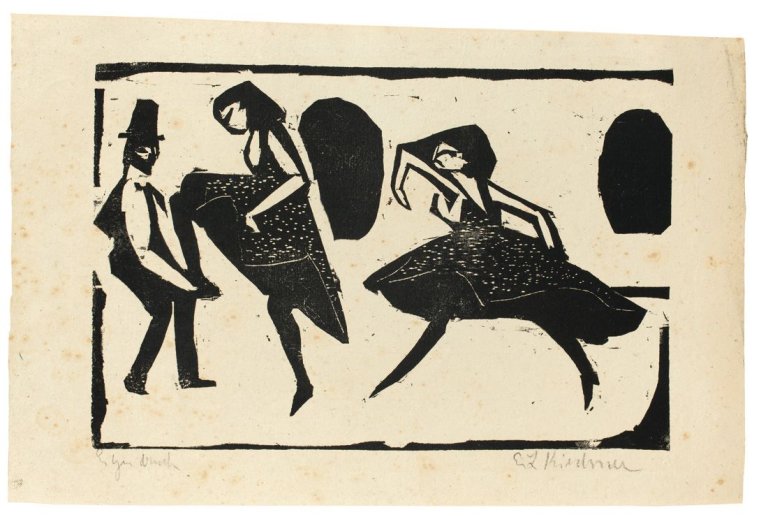 This picture shows the following artwork: Ernst Ludwig Kirchner. „Akrobatischer Tanz. – Tanzgruppe, Mann maskiert“. 1910.