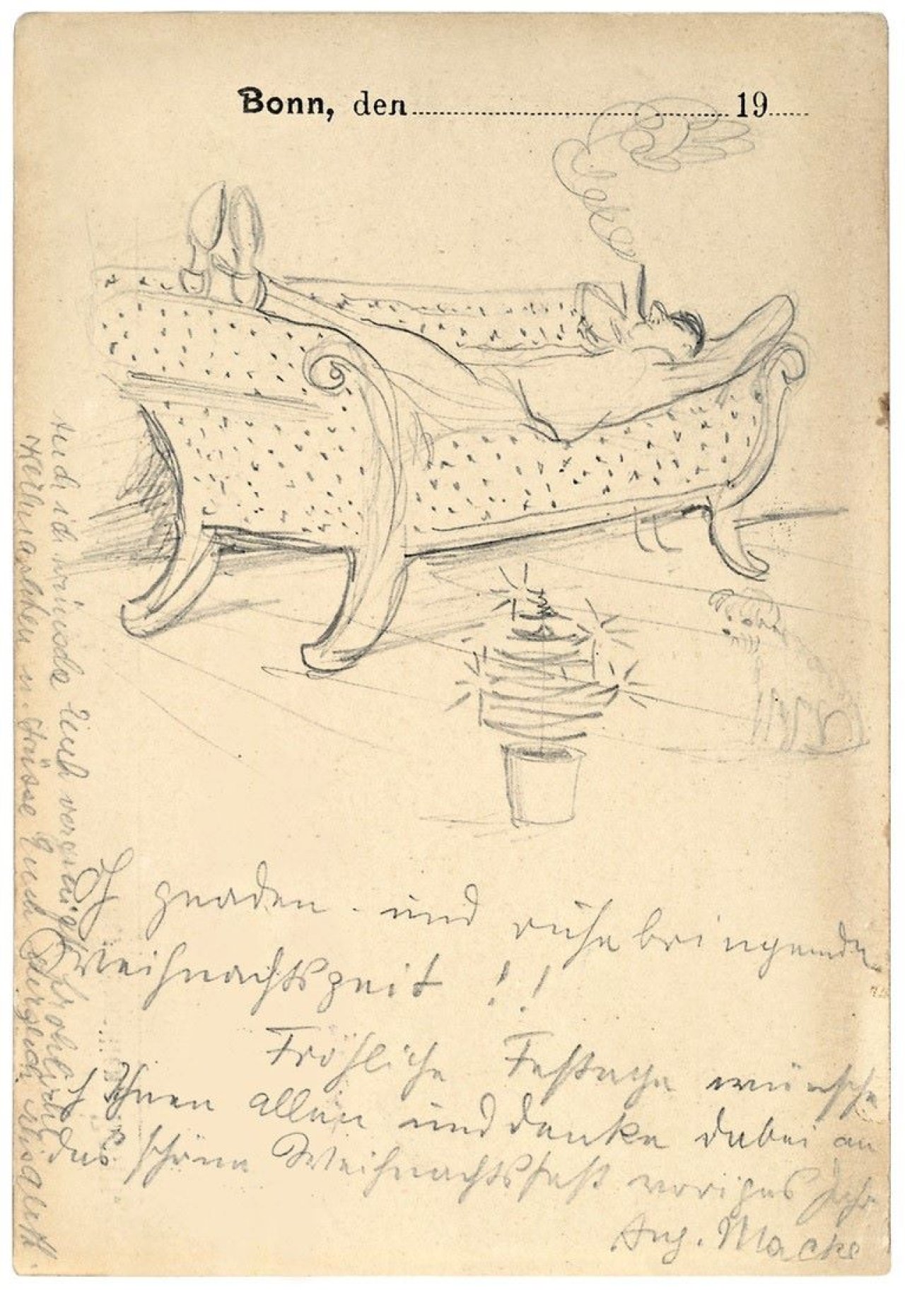 This picture shows the following artwork: August Macke. „Oh gnaden- und ruhebringende Weihnachtszeit!!“. 1908.