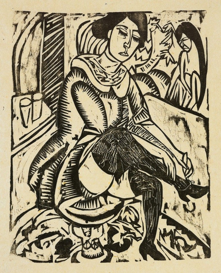 This picture shows the following artwork: Ernst Ludwig Kirchner. "Frau, Schuh zuknöpfend". 1912.