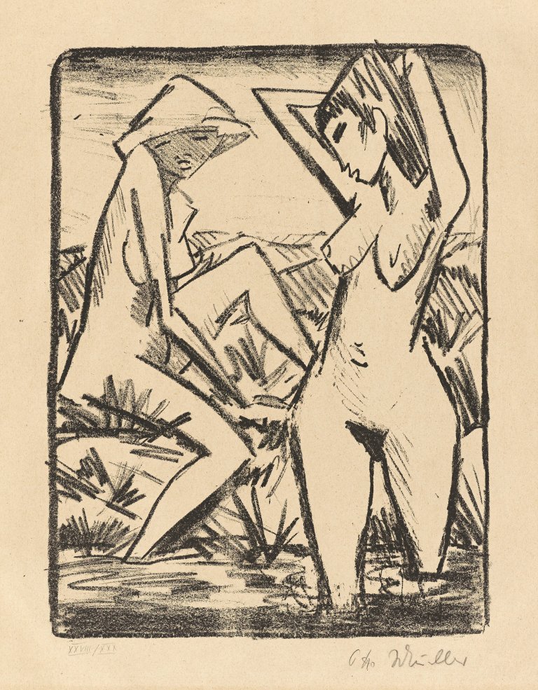 This picture shows the following artwork: Otto Mueller. ”Im Wasser stehendes und am Ufer sitzendes Mädchen mit Hut”. 1921/22.