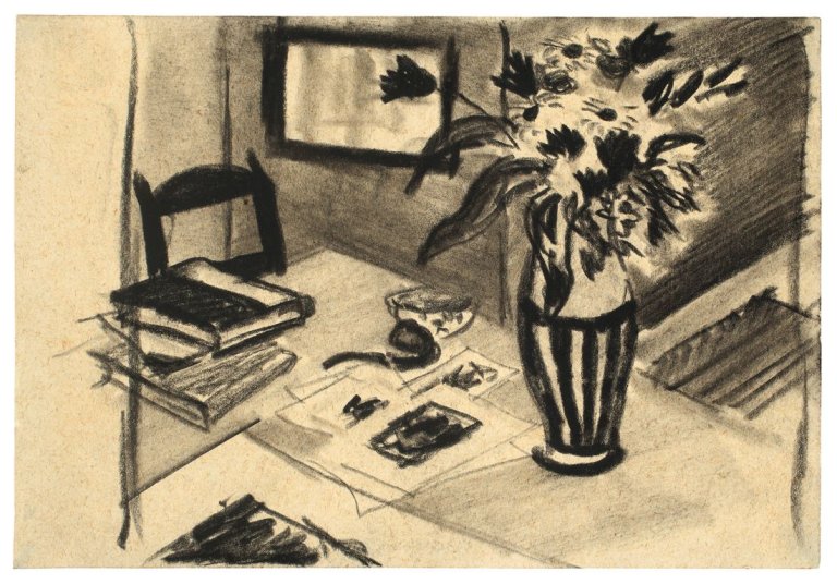 This picture shows the following artwork: August Macke. „Stilleben mit Blumenvase, Büchern und Pfeife“. 1912.