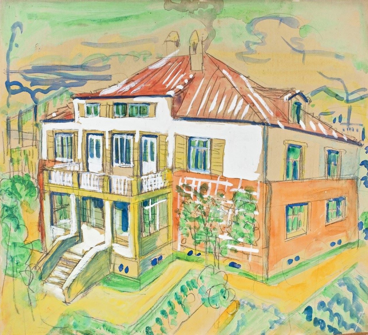 Auf diesem Bild ist das folgende Kunstwerk zu sehen: Ernst Ludwig Kirchner. Entwurf für ein Wohnhaus. Um 1910-15.