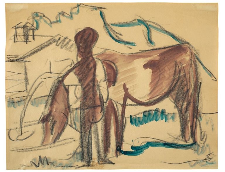 This picture shows the following artwork: Ernst Ludwig Kirchner. Bauer mit Kuh vor Landschaft (Stafelalp). Circa 1920.