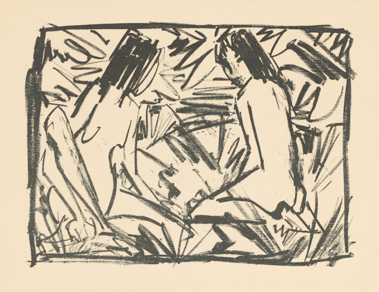 This picture shows the following artwork: Otto Mueller. „A seated and a kneeling girl under leaves“. 1920.