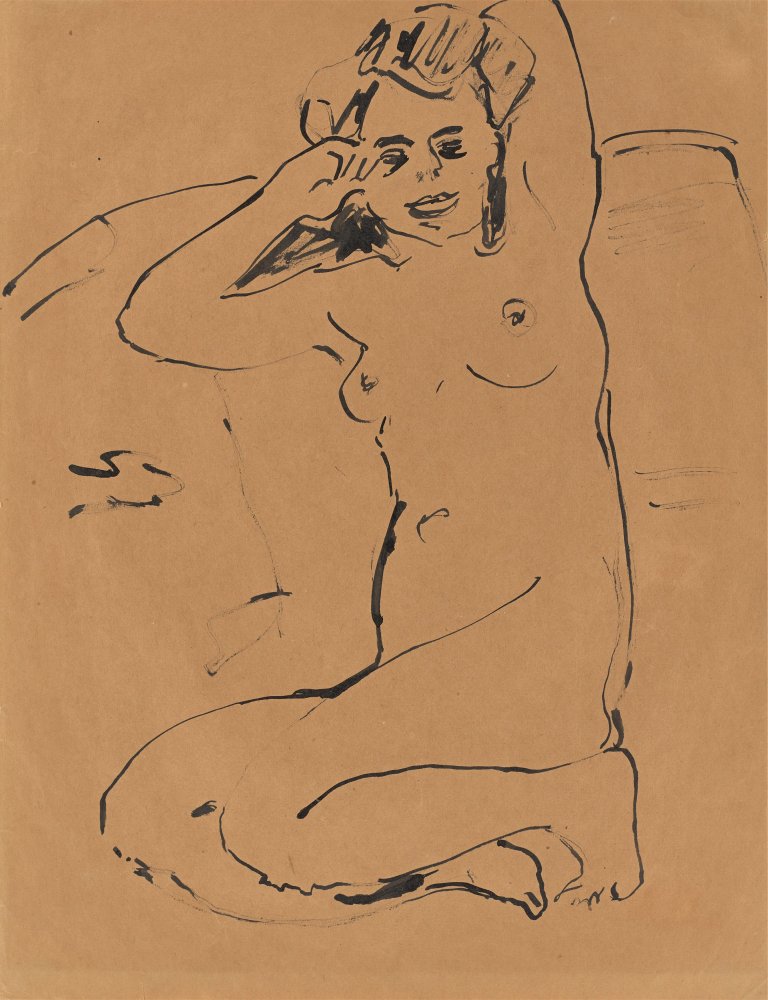 This picture shows the following artwork: Ernst Ludwig Kirchner. ”Kniender weiblicher Akt mit erhobenen Armen”. Circa 1909.