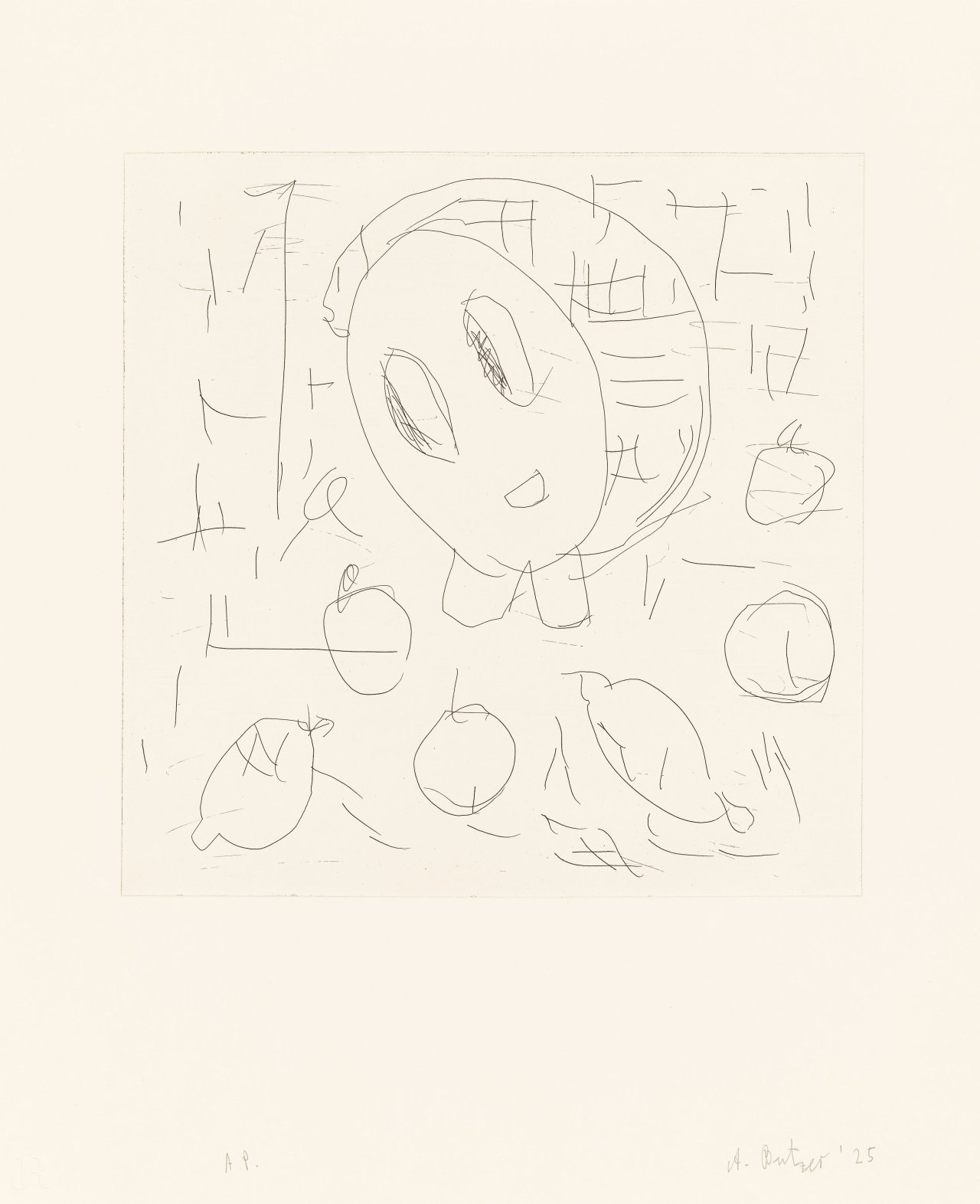 This picture shows the following artwork: André Butzer. ”Frau und Früchte II”. 2025.