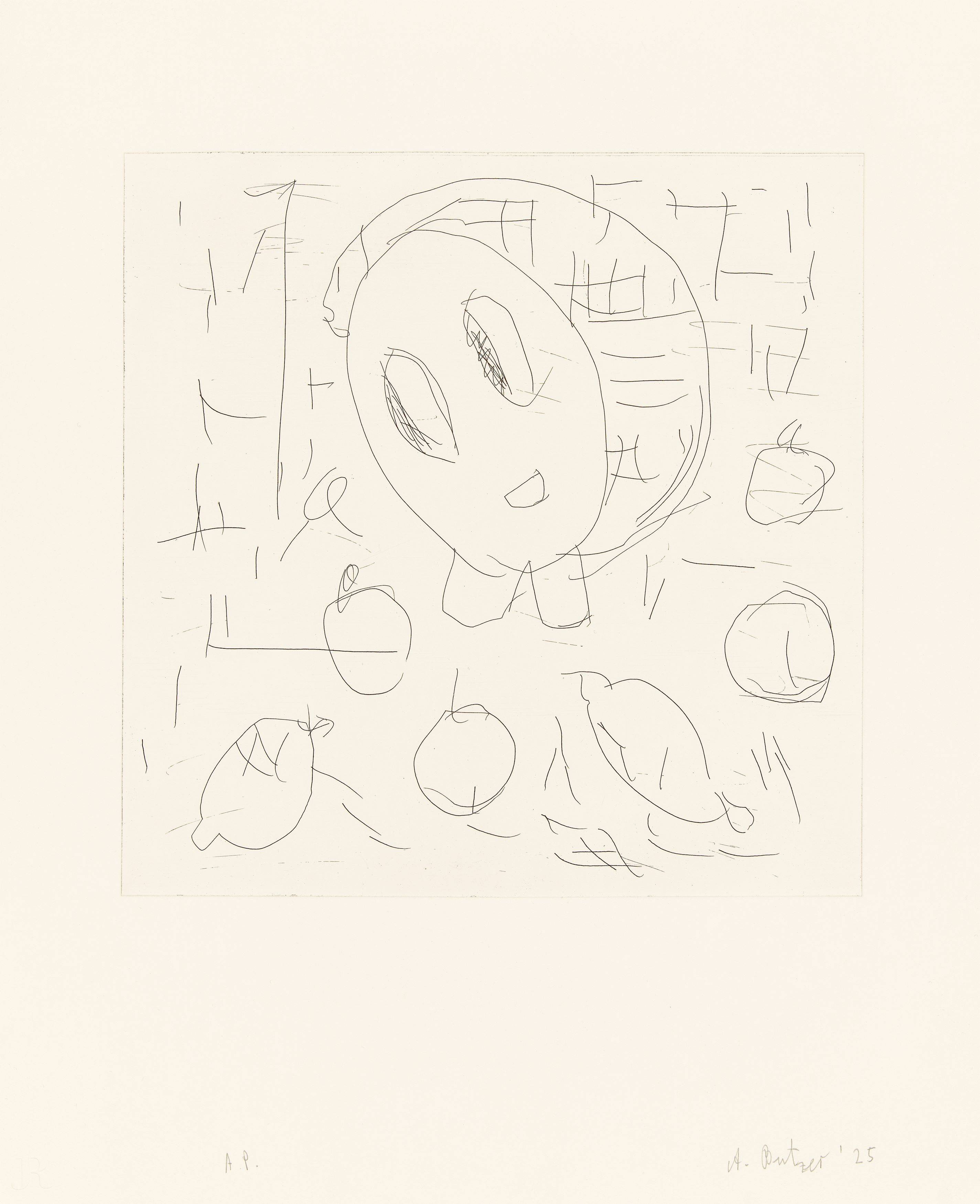 This picture shows the following artwork: André Butzer. ”Frau und Früchte II”. 2025.