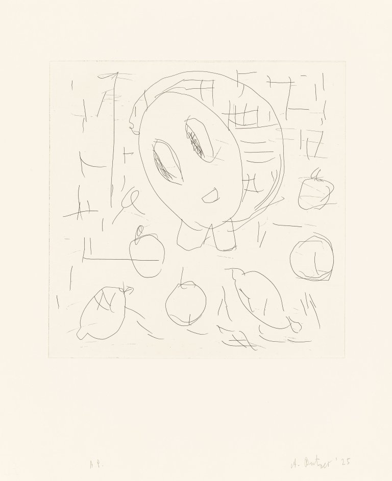 This picture shows the following artwork: André Butzer. ”Frau und Früchte II”. 2025.