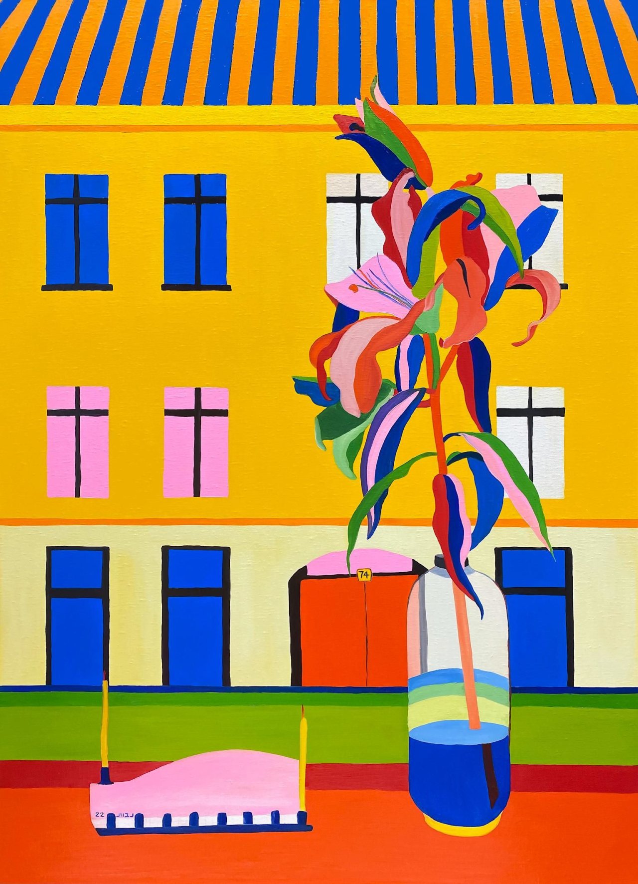 This picture shows the following artwork: Navot Miller. ”Lillies & Menorah on Auguststraße”. 2022.