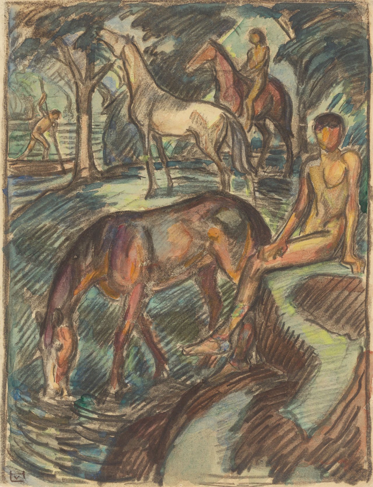 This picture shows the following artwork: Ludwig von Hofmann. Reiter und Pferde am Wasser (Riders and horses by the water). Circa 1908.