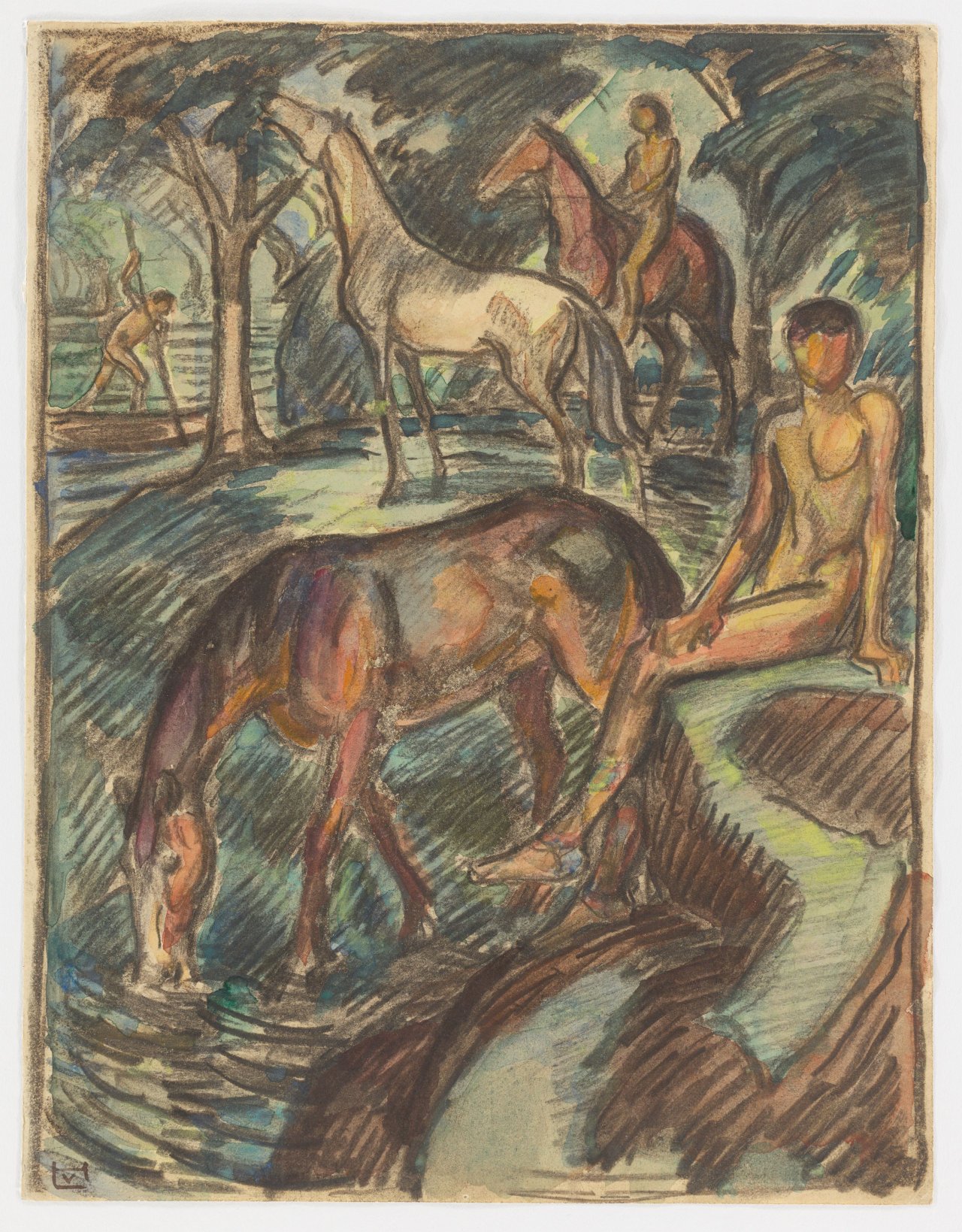 This picture shows the following artwork: Ludwig von Hofmann. Reiter und Pferde am Wasser (Riders and horses by the water). Circa 1908.